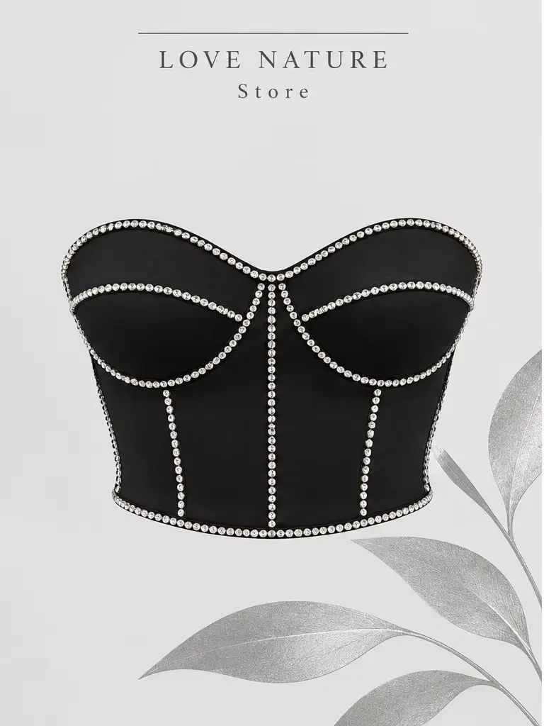 【LOVE NATURE Store】Rhinestone Strapless Bustier Crop Top Back Zipper Corset Tube Top