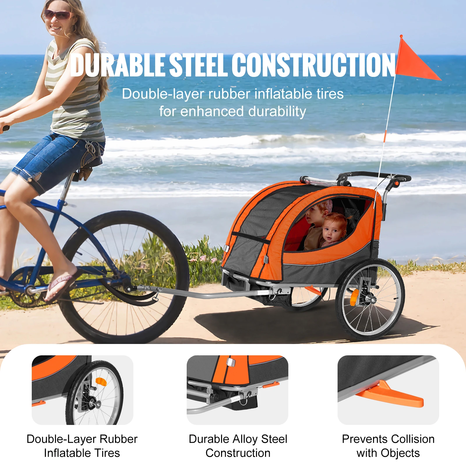 SucceBuy 88/100lbs Child Bike Trailer Double Seat Carrier Converts to Stroller Foldable Child Bicycle Trailer for Toddlers Kids