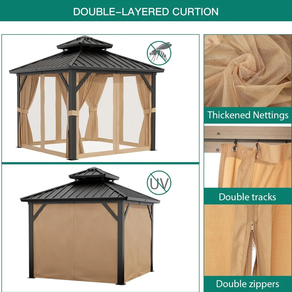 أكشاك خارجية متينة من الألومنيوم مقاس 10 × 10 مع سقف دائم وستائر وشبكة ناموسية لاستخدام الحديقة #4