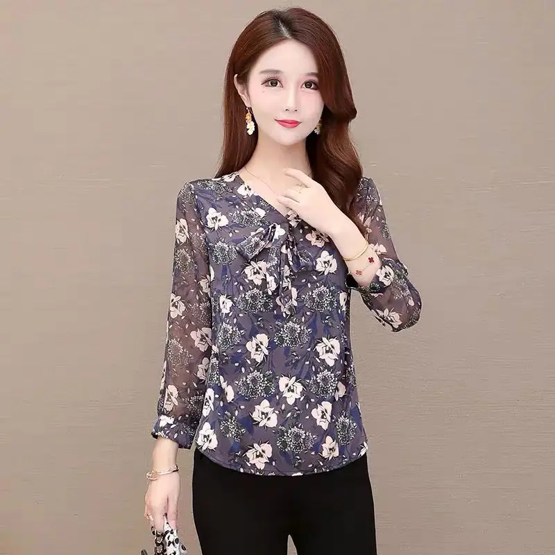 เสื้อชีฟองลายดอกไม้ผู้หญิงสไตล์ฤดูใบไม้ผลิใหม่ Elegant Motherly Chic และ Elegant Top