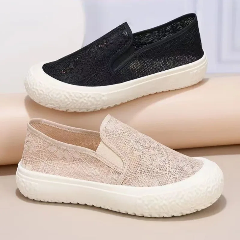 New Comfortable Women Flats Slip-On Thick Bottom Canvas Leisure woman Shoes Spring Summer Hollow out Breathable Design shoes