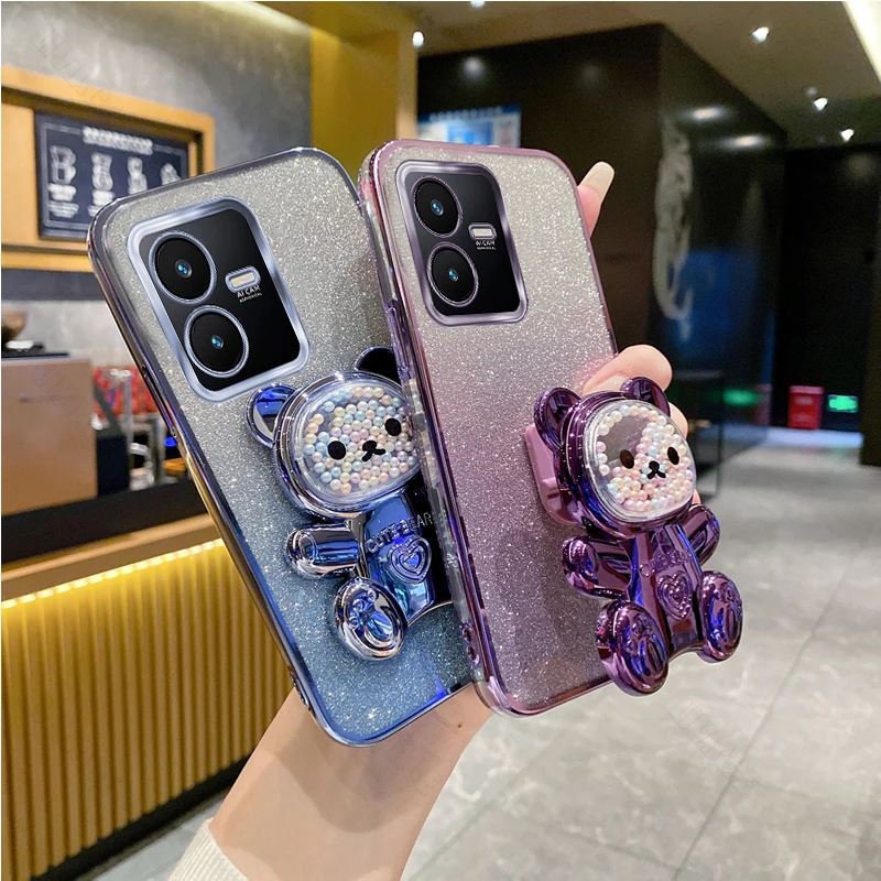 Y 22 Glitter Bling Bear Silicone Phone Holder Case On For Vivo Y22 Y22S VivoVY22s Girl Woman Stand Back Cover