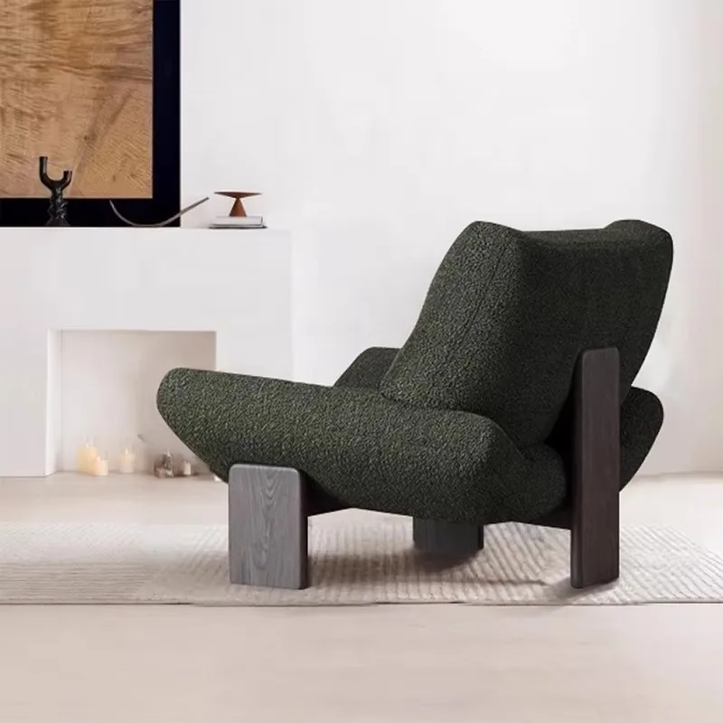 İtalyan Modern Retro Yeşil Kadife Kumaşlı Yatar Koltuk Oturma Odası Yatak Odası Ahşap Ayaklı Kahve Koltuğu