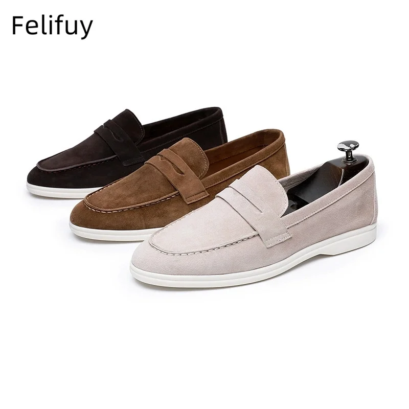 

New Cow Suede Flats Loafers for Men British Style Casual Slip-On Business Genuine Leather Men's Driving Shoes Breathable Shoes