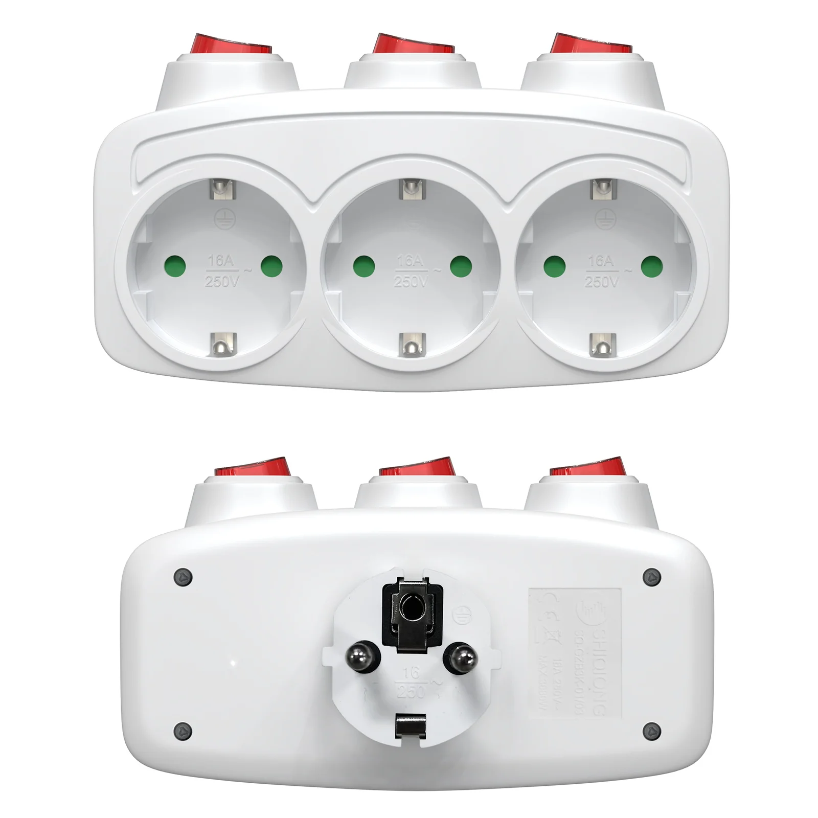 3-in-1 Independent Switch Socket, Anti-Electric Shock Safety Door, 250V 16A, Travel, Home, Office Wall Plug Adapter