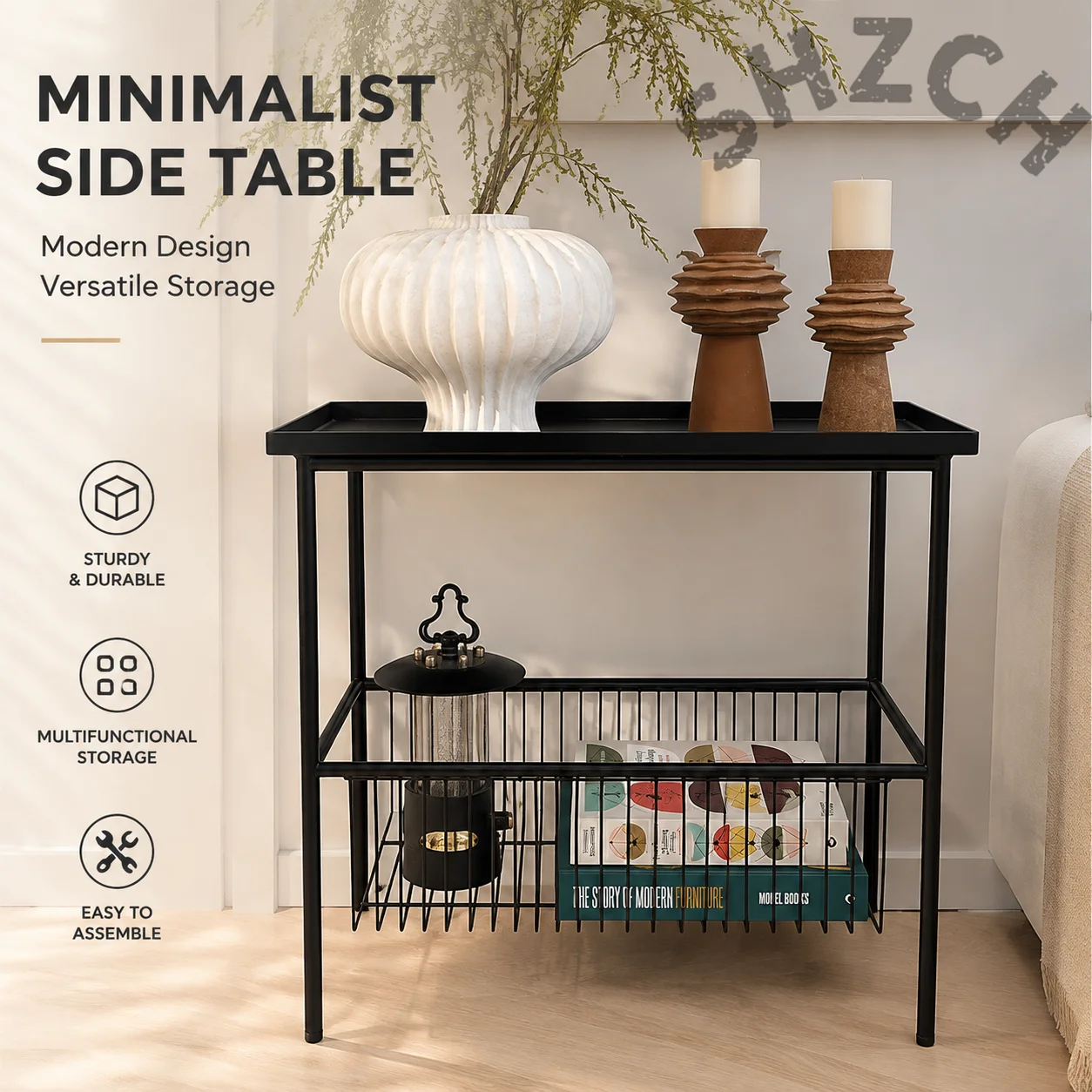 Wrought Iron Rolling Side Table with Storage Shelf – Compact Mobile End Table for Living Room, Bedroom, or Sofa Corner
