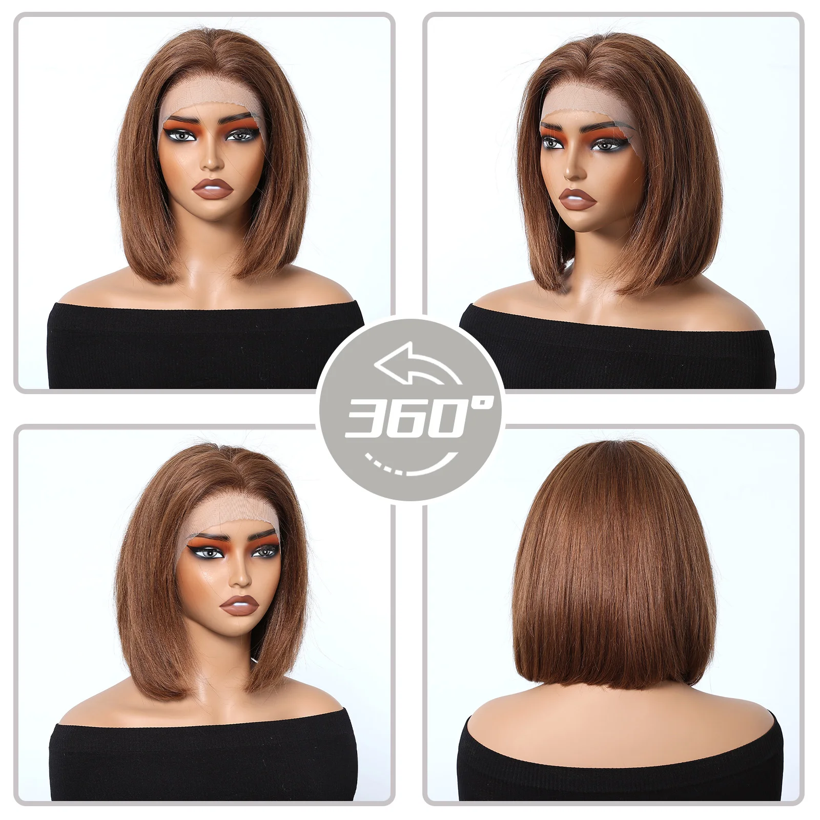 Perruque Bob Lace Front Wig Remy naturelle, cheveux courts et lisses, brun naturel, 13x4, 03/usage, pour femmes