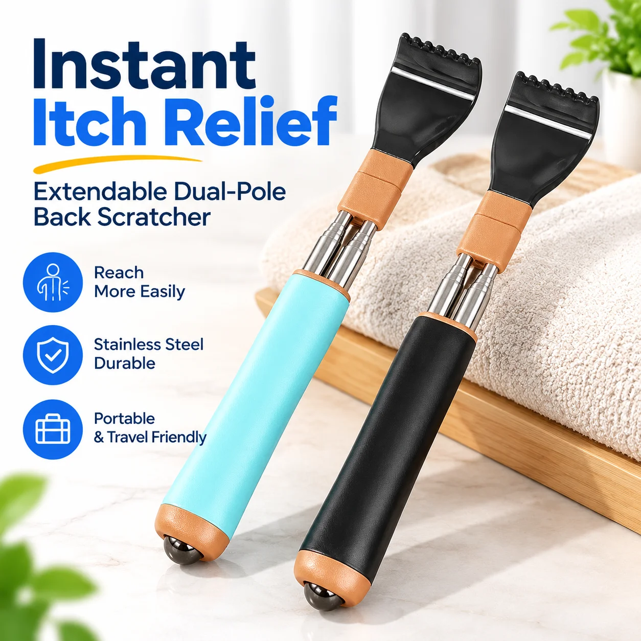 Extendable Dual-Pole Back Scratcher, Stainless Steel Anti-Slip Itch Relief Tool for Adults, Portable