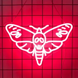 Skull Moth White Glow Neon Sign Unique Gothic Decor for Home Bar Bedroom Wall Art LED Party Lighting Dark Aesthetic Gift Idea