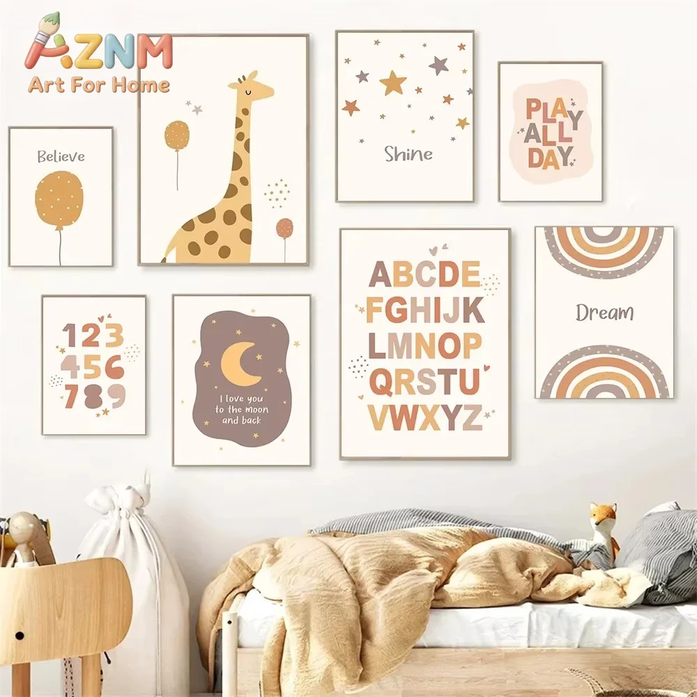 1 Stück Regenbogen-Giraffen-Alphabet-Zahlen Boho Wandkunst Leinwandgemälde Nordische Poster und Drucke Bilder Raumdekoration