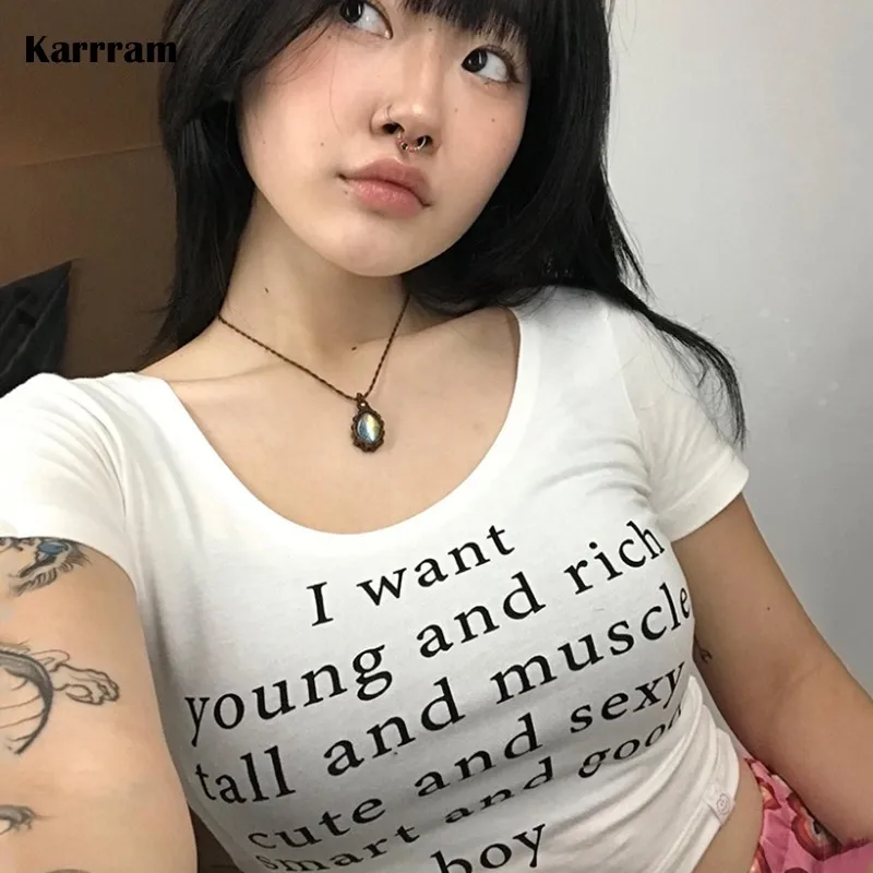Karrram Korean Fashion Crop Tops Grunge Letter Print T-shirts Kpop Sexy Slim Short Sleeve Tee Shirts Japanese Style Streetwear