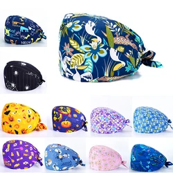 New Soft Cotton Scrub Cap Cartoon Printing Nurse Hat for Women Surgicals Hat with Buckle Operating Room Hat Nursing Accessories