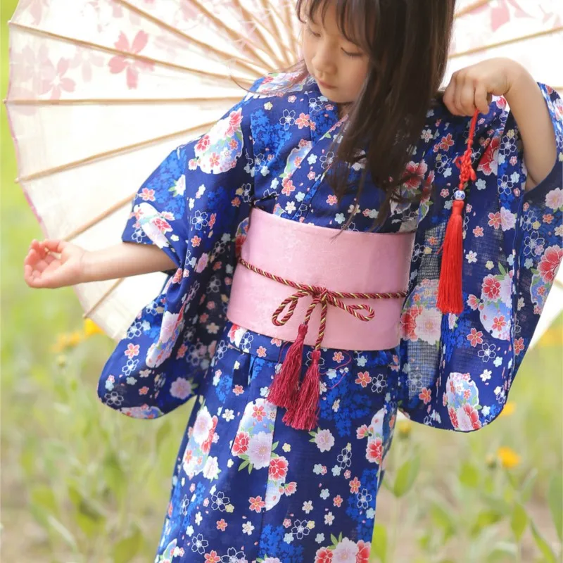 Japanese Style Children\'s Long Sleeve Kimono Bathrobe Women\'s Solid Wide Sleeve Long Cherry Blossom Kimono Dress Costume ZE489