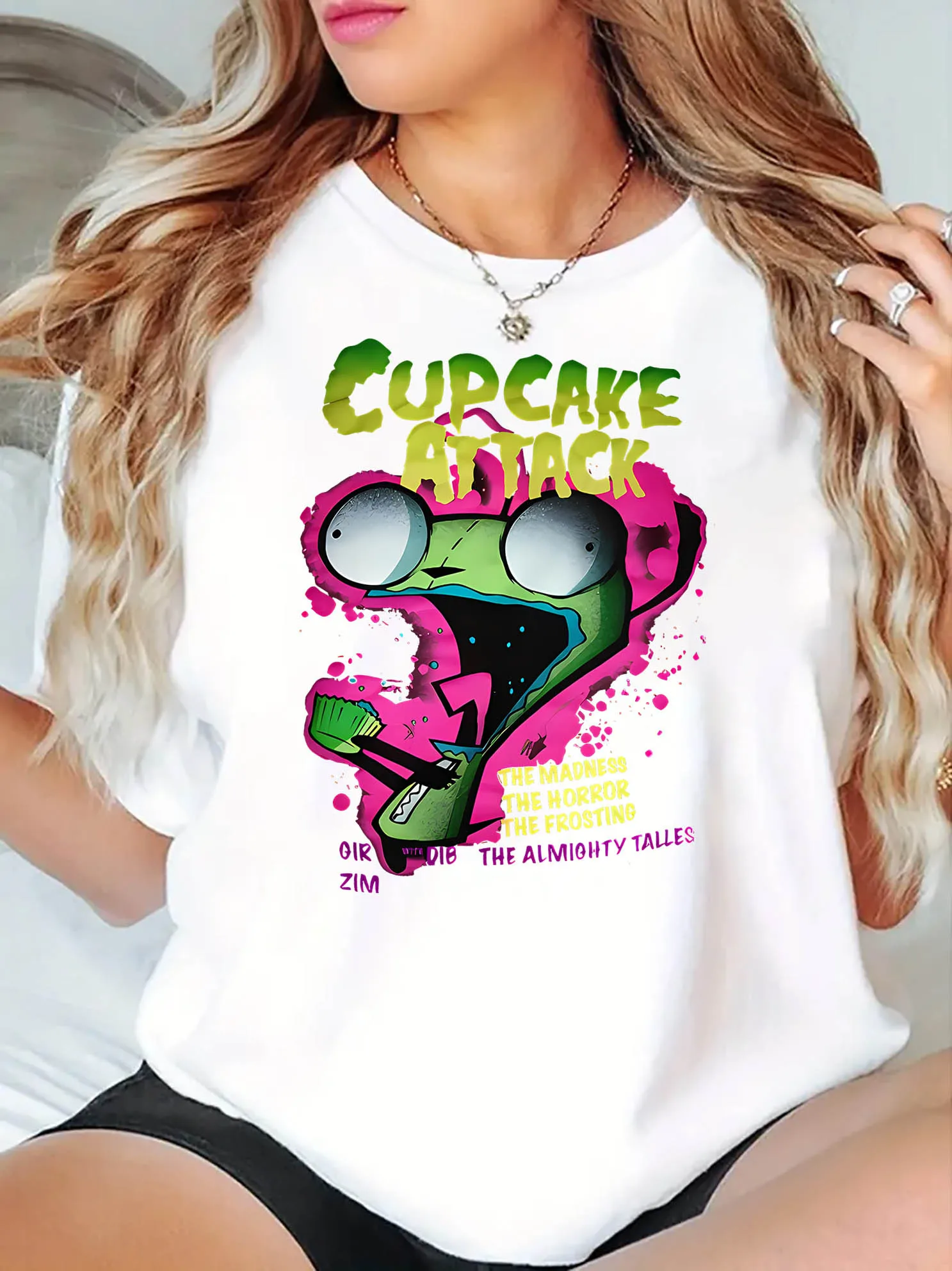 Women's Casual Short Sleeve T-Shirt with Cupcake Attack Graphic Print - Playful Cartoon Design, Soft Stretch Fabric