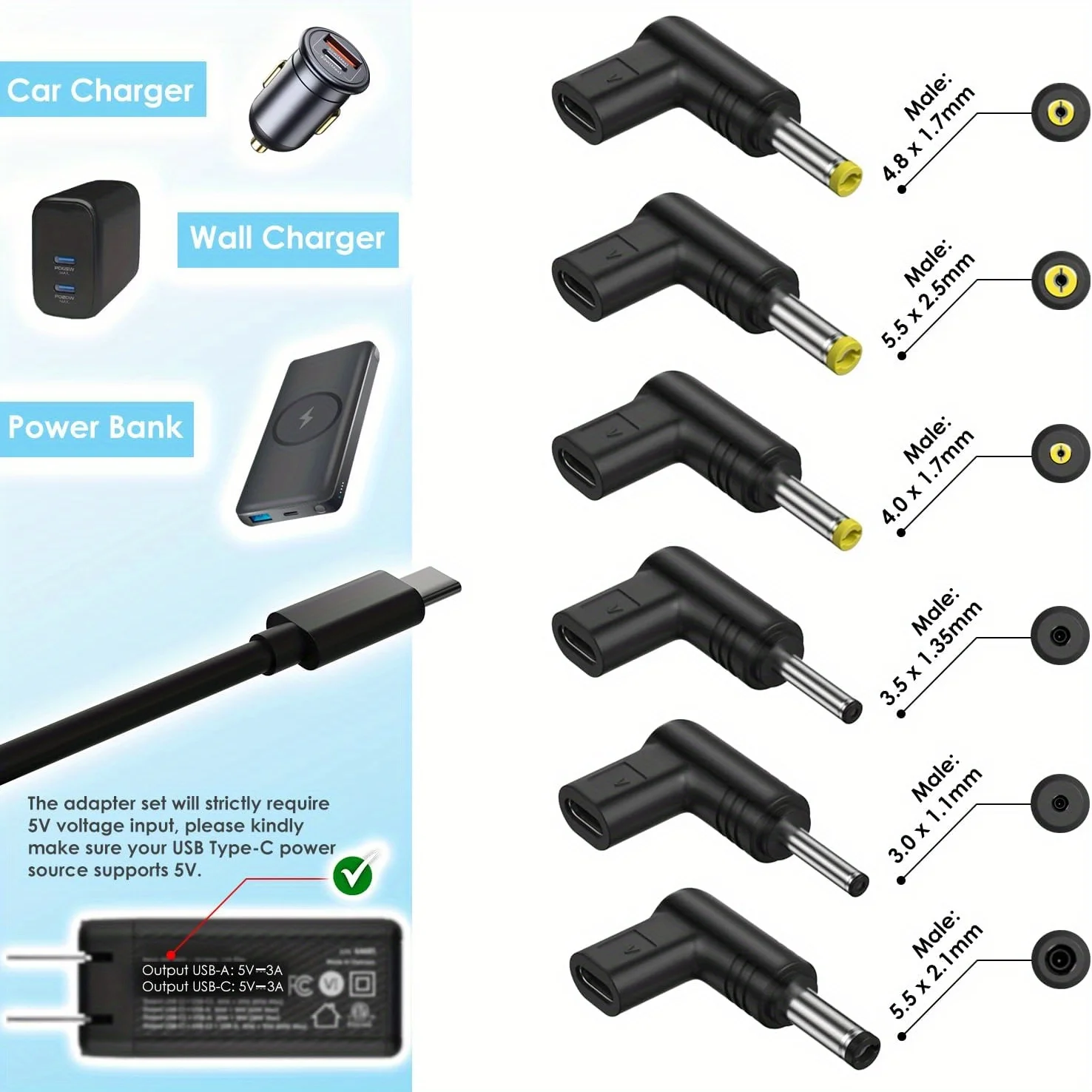 6PCS USB-C to DC 5V Adapter, Type-C Female to DC Male Power Converter for Security Camera, IP Camera, Router Charging