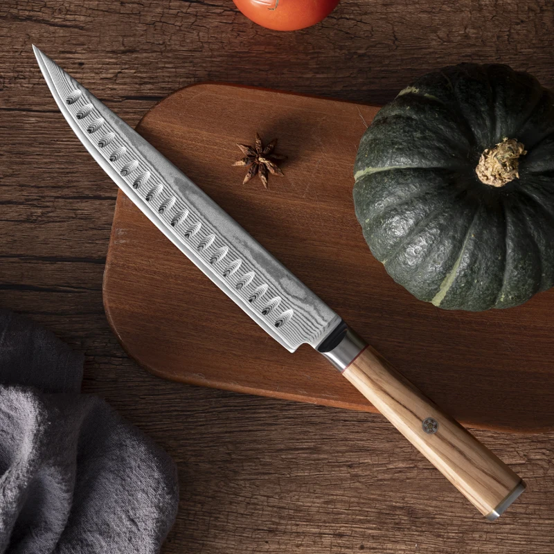 

Sashimi Knife Double-edged Blade Damascus VG10 Steel Sharp Chefs Cleaver Fish Meat Slicing Sushi Kitchen Knives Olive Handle