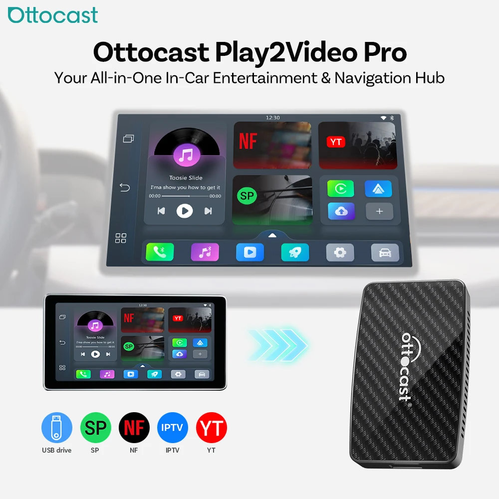 Ottocast Play2Video Pro 2026 Wireless Android Auto & CarPlay AI Box In-Car Video Streaming YouTube Netflix IPTV USB Plug & Play