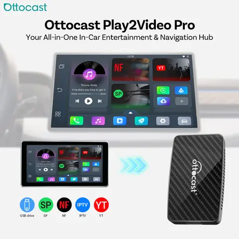 Ottocast Play2Video Pro 2026 Wireless Android Auto & CarPlay AI Box In-Car Video Streaming YouTube Netflix IPTV USB Plug & Play
