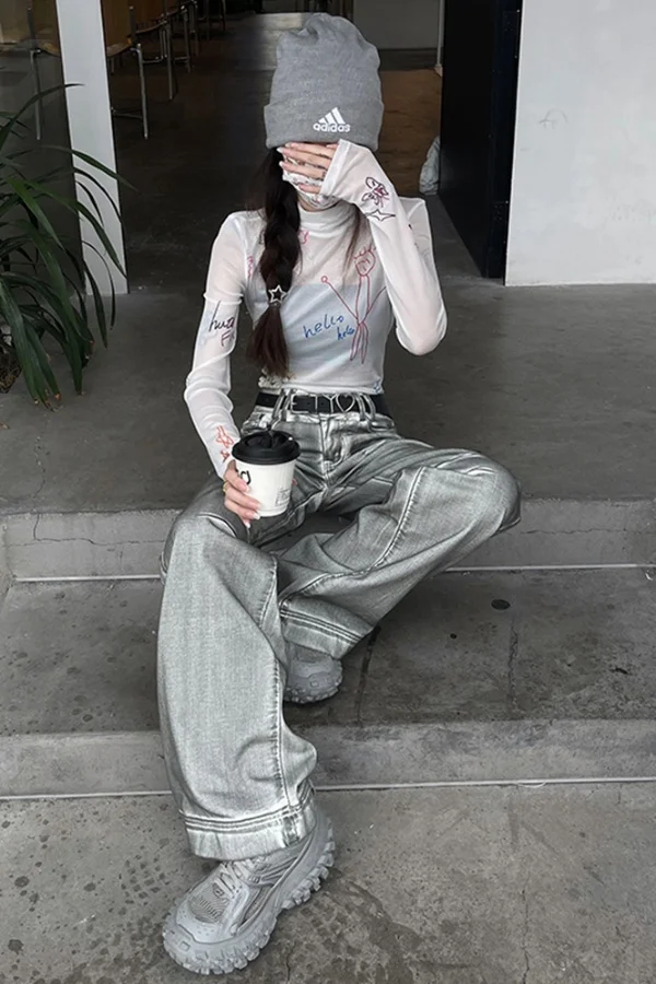 

2025 American High Street Y2K Vibe Low Waist Jeans for Women Spring Retro Washed Tie Dye Baggy Floor Length Denim Pants Fashion