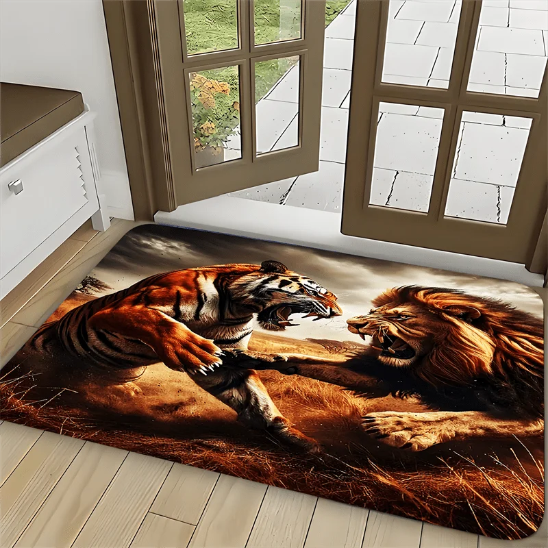1pc 2D Flat Rectangular Floor Mat, Lion And Tiger Struggle Printed Rug, Home Decor, Suitable for Living Room, Bedroom, Bathroom