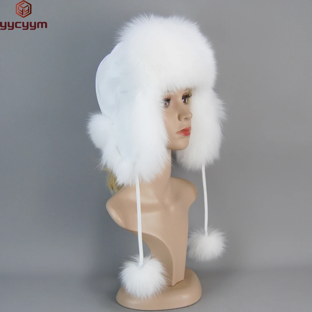 

Real Fox Fur Pompom Bomber Winter bonnet Hat Russian Female Beanies Natural Raccoon Fur Hat Knitted Skullies Beanies Women's Cap