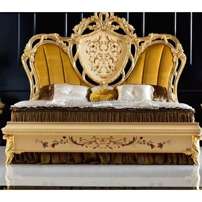 Luxurious French Style Royal European Luxury French Design Solid Wood Bed Room Antique Gold Bedroom Furniture Set