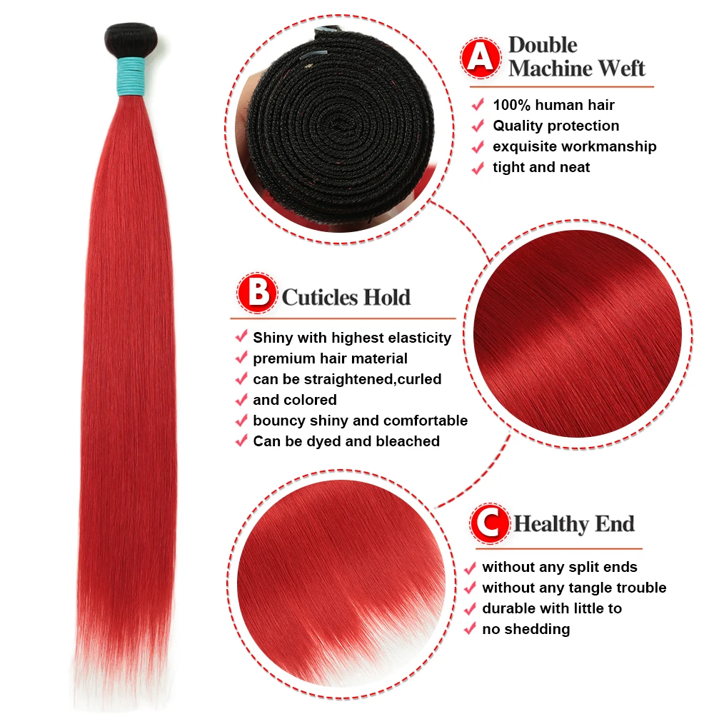 INS FACING Brazilian Human Hair Bundles for Women Remy Straight Human Hair Weave Bundle Ombre Red Two Tone Hair Extensions