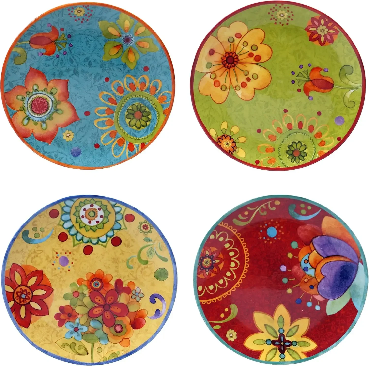 

Tunisian Sunset 8.75" Ceramic Salad & Dessert Plates, Set of 4 – Assorted Multicolor Boho Designs, Folk-Inspired Plates for Appe