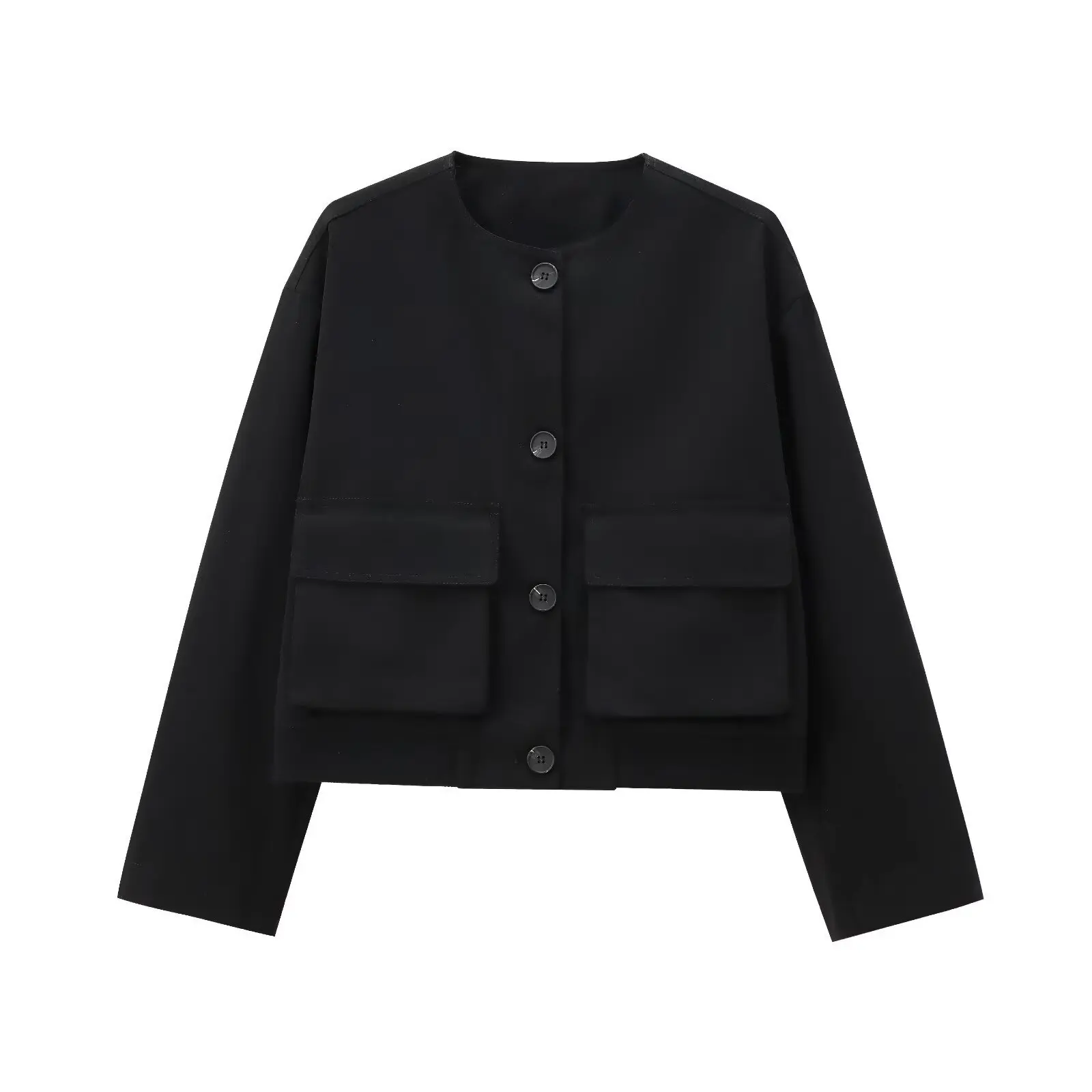 Maxdutti Autumn Women's Clothing Minimalist Black Bomber Jacket Retro Large Pocket Round Neck Suit Jacket Women