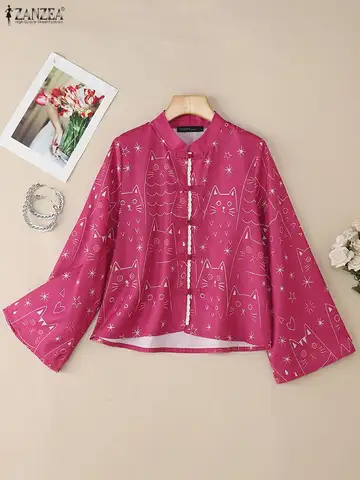 Women Long Sleeve Short Shirts Vintage Mandarin Collar Frog Buttons Cute Cat Printing Tops ZANZEA Autumn 2025 Woman Clothing 3XL