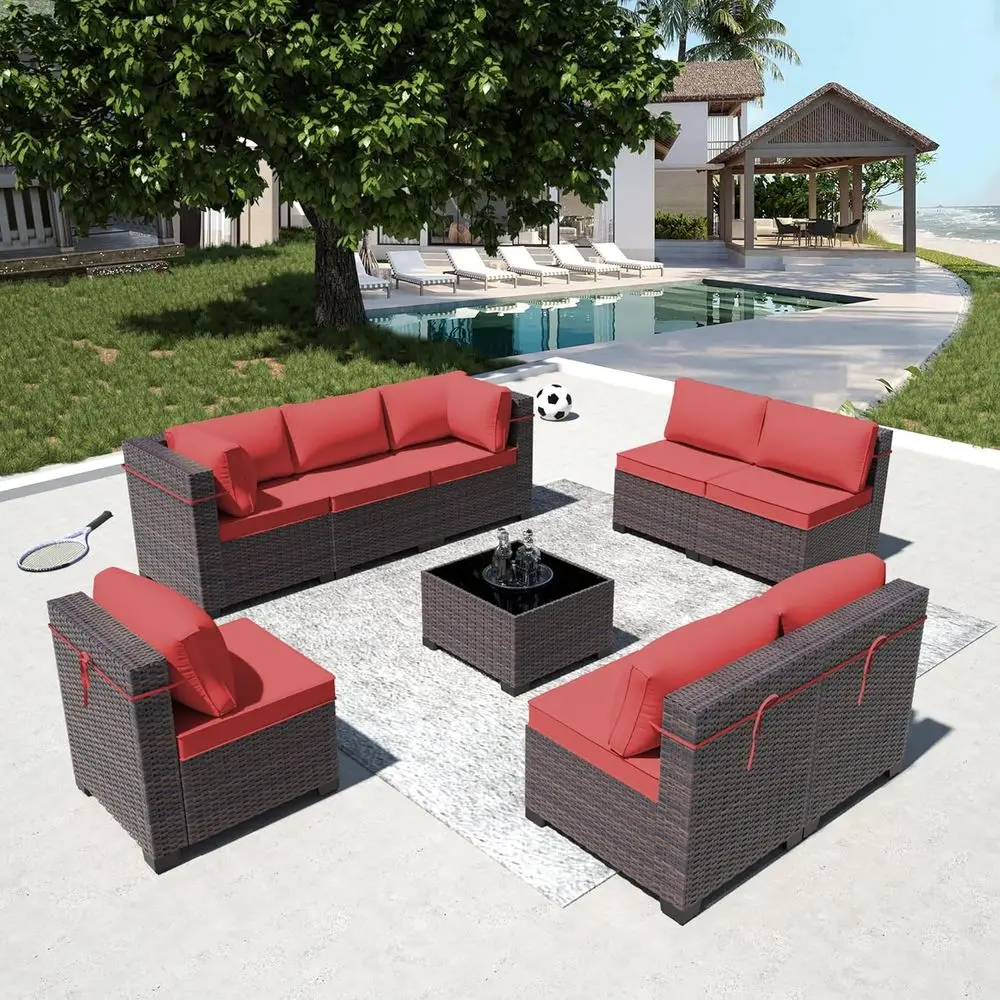 

All-Weather PE Rattan Patio Furniture Set with Coffee Table and 8 Cushions, Red