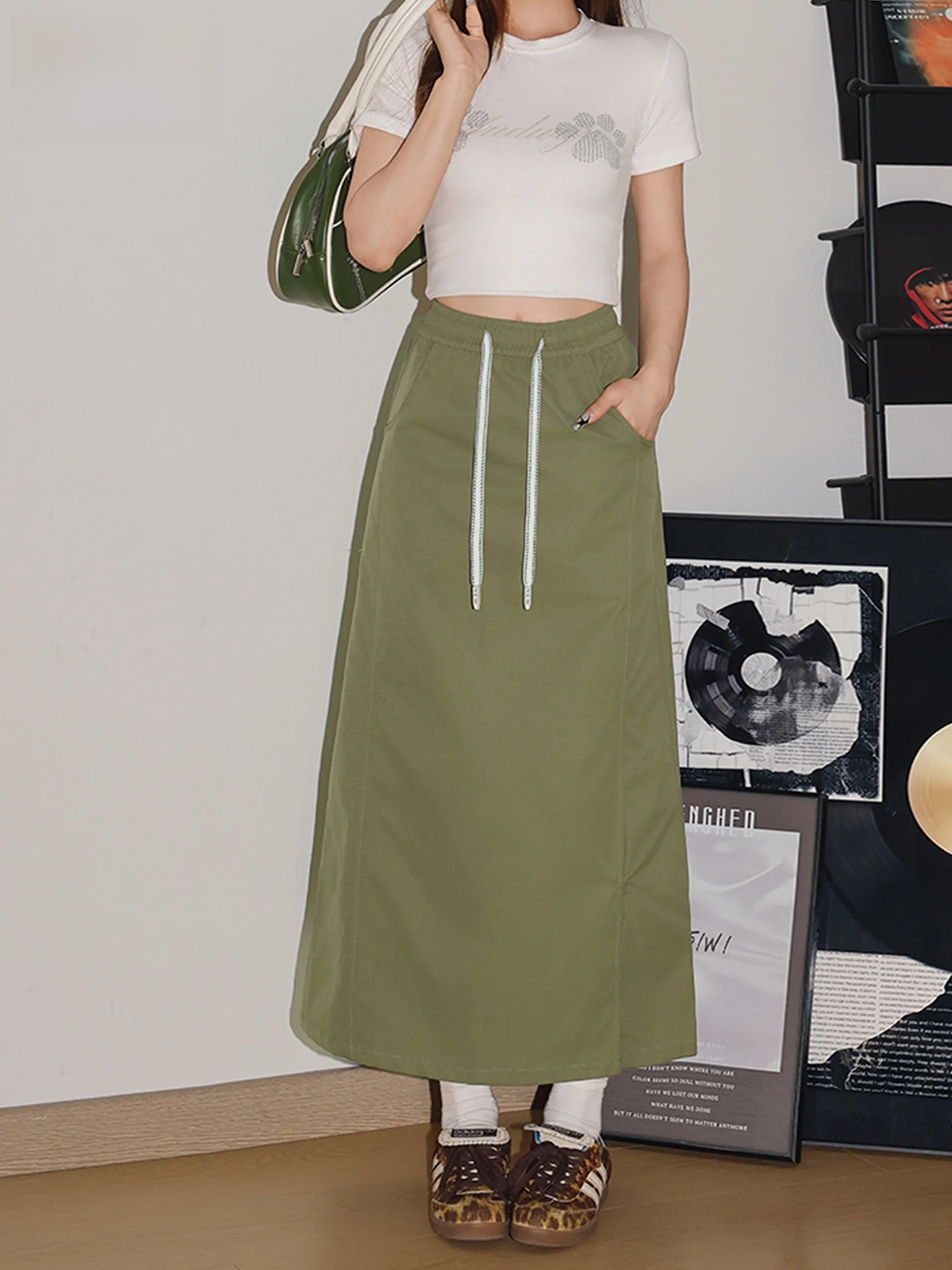 Quick Dry Military Green Workwear High Waist Midi Skirt Women's New 2026 Slim A-Line Split Suit Casual Style Standard Fit