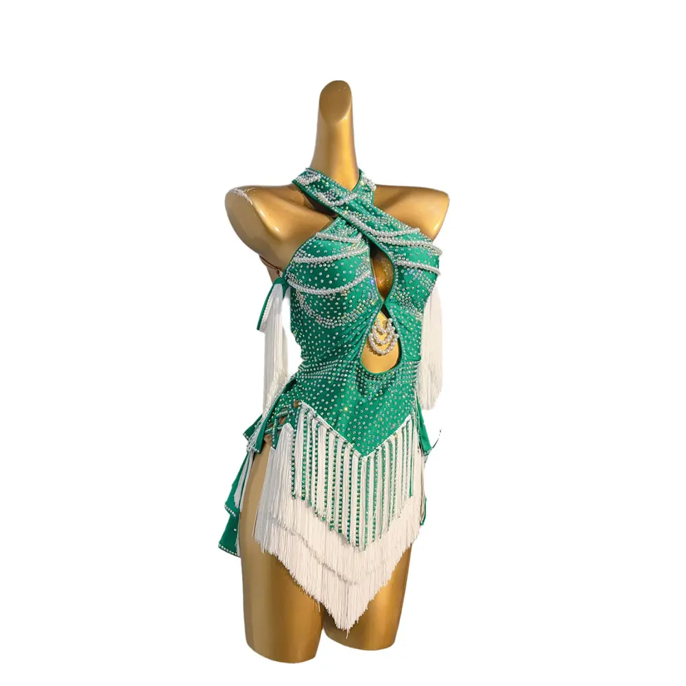 فستان نسائي لمسابقات الرقص اللاتيني الراقية مخصص بسلسلة من اللؤلؤ بلونين شرابة تشا سامبا أداء حجر الراين