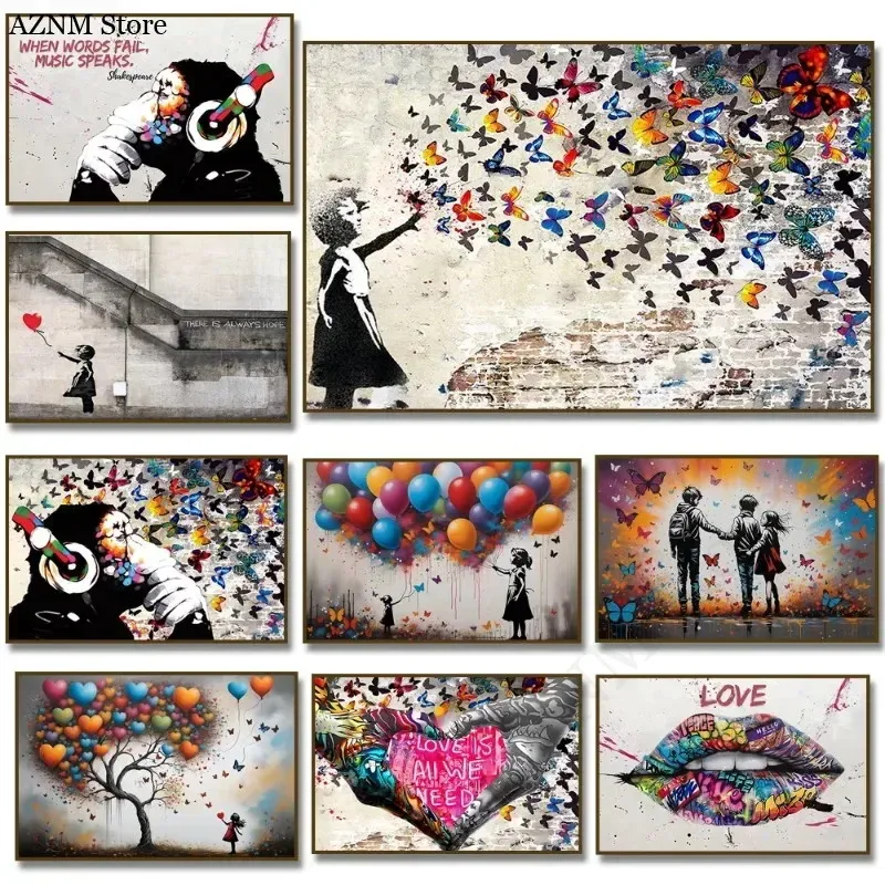 Póster de Banksy, Niña con Globos de Colores, Pintura en Lienzo, Labios, Mono de la Calle, Mariposa, Impresión para Decoración del Hogar, Sala de Estar