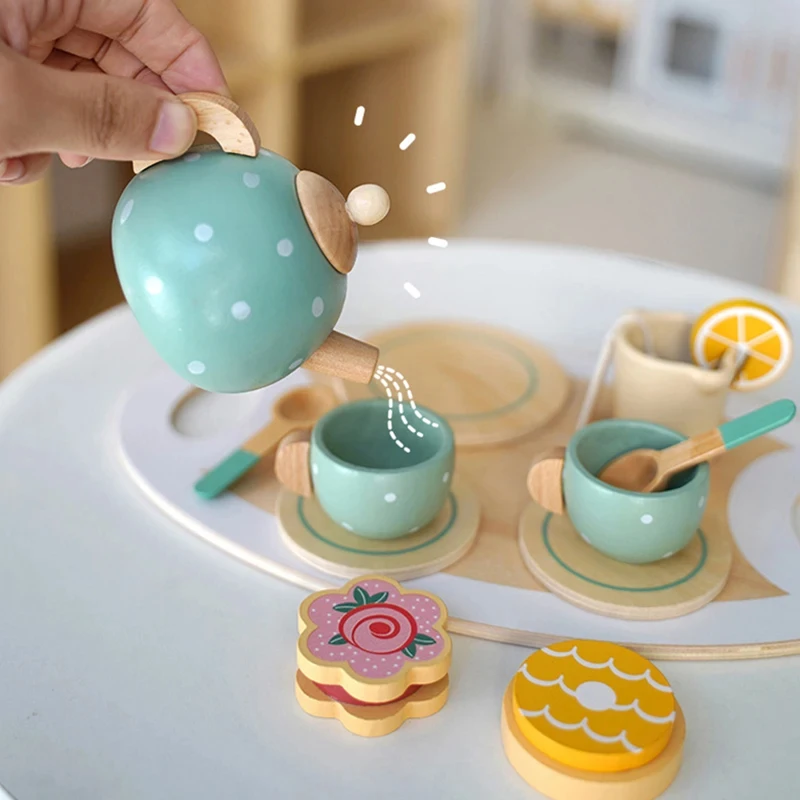 Wooden Afternoon Tea Set Toy Children Pretend Play Cooking Toy Girls Boys Role Play Game Kids Simulation Kitchen Toy