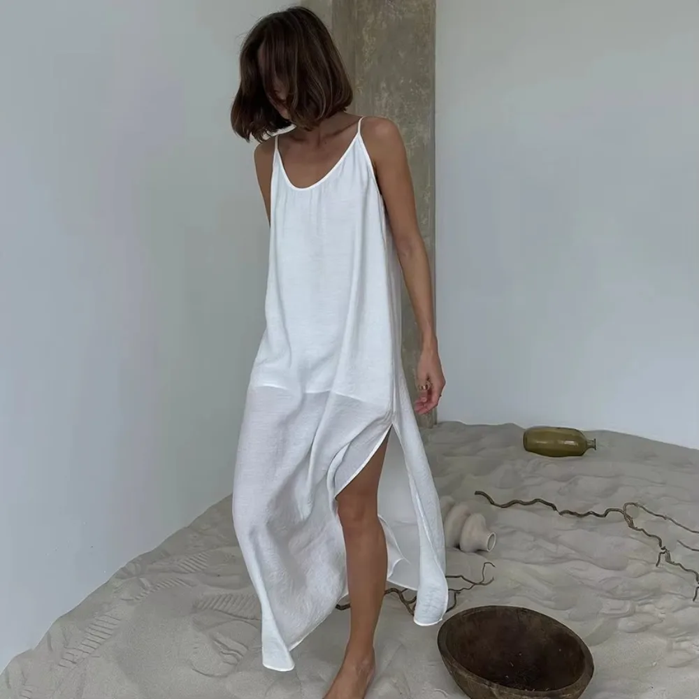Casual V Neck Long Dress Loose Sleeveless Straight Dress White Backless Dress Women Summer