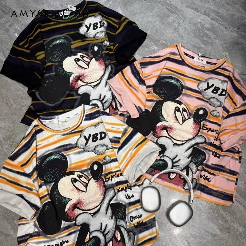 

American Kawaii Tees Fashion Trends Striped Cartoon Oversized Short-sleeved T-shirt Women's Loose And Thin Versatile Casual Top