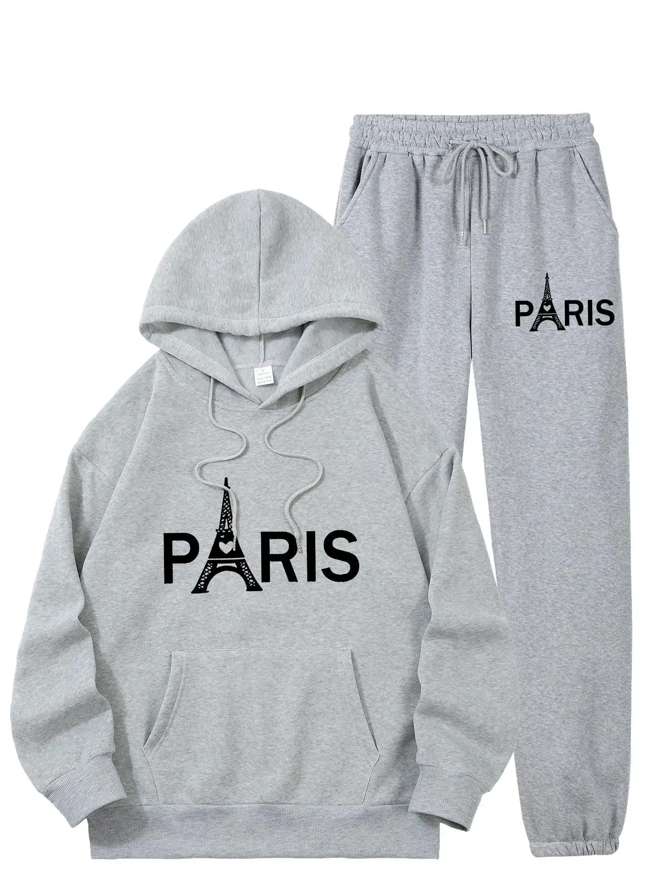 Ladies Paris Eiffel Tower Printed 2Pcs Tracksuit Casual Sport Outfit Fashion Hoodie With Kangaroo Pocket Sweatshirt Pants Set - view 4
