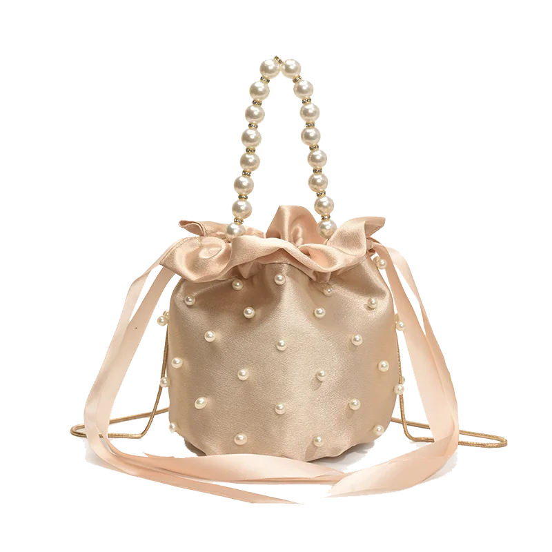 

Ladies handbags.Handbag from china.2025 Artisan Pearl-Adorned Bucket Bag - Convertible Canvas Tote with Chain Strap & Drawstring