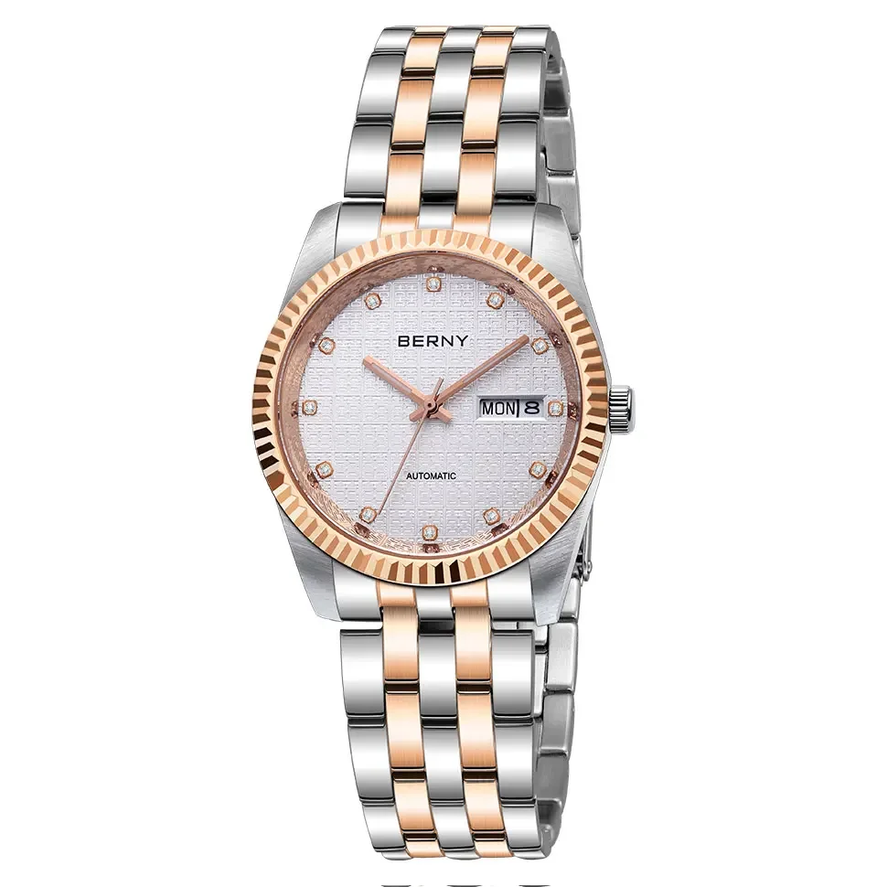 BERNY Mechanische Uhr für Damen, automatische Damenuhr, kleine Uhren, chinesischer Stil, Glück, Hochzeit, Saphir, komplett aus Edelstahl