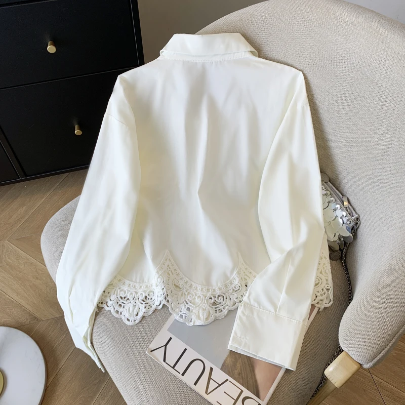 エレガントなフレンチスタイルの長袖シャツ、女性用、ターンダウンカラー、ルーズフィット、透かし彫りレースのトリムブラウス、カジュアルな韓国風シックなトップス