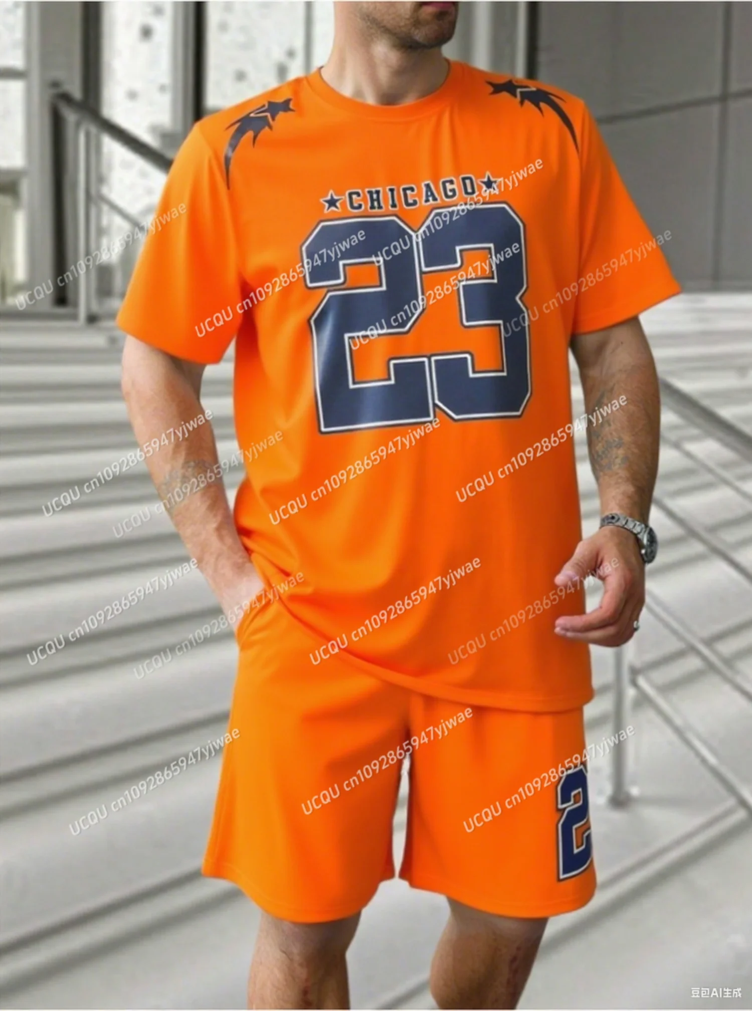 2025 Summer Color blocked Chicago No.23 Men's Tracksuit 2 Pieces Set Casual Sport T-Shirt Shorts Set Men's Jogging Men Clothes