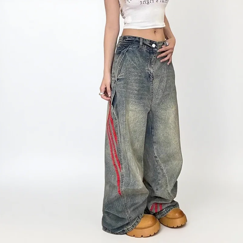 Autumn And Winter Korean Fashion Women'S Straight Leg Jeans With Side Stripes Wide Leg Pants Casual Pants Blue Jeans