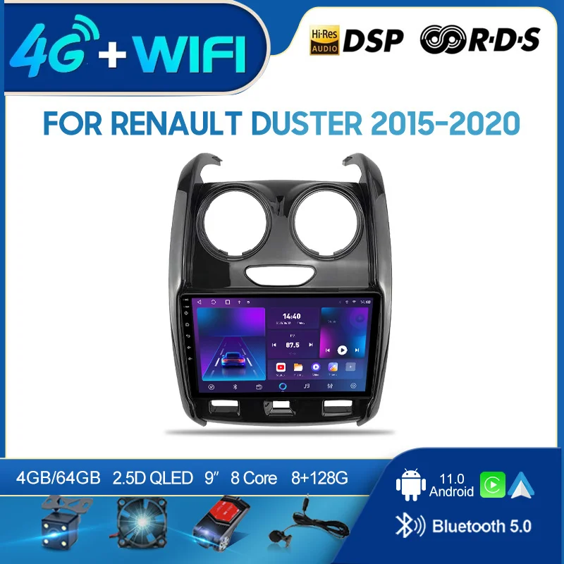 QSZN For Renault Duster 2015-2020 9inch 2 din Android 12.0 Car Radio Multimedia Video Player GPS Navigation 4G Carplay head unit