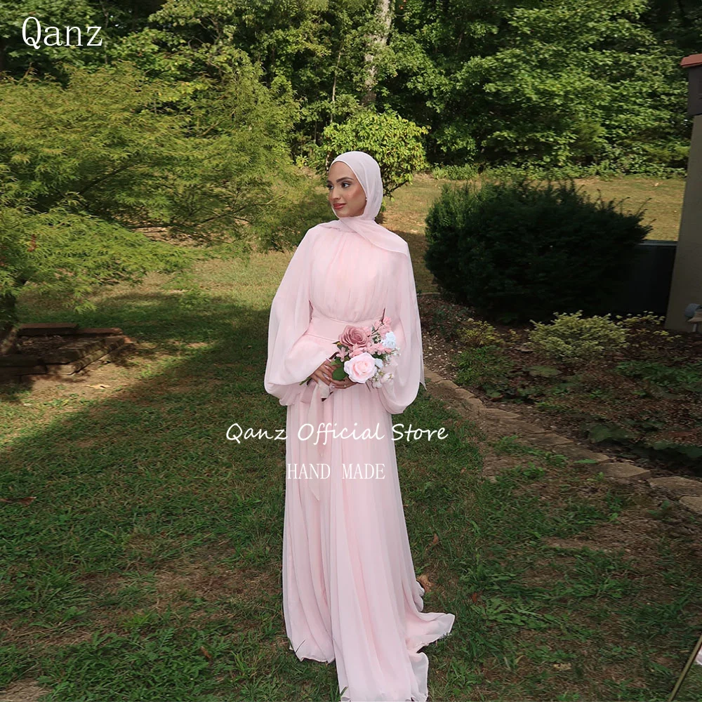 

Qanz Hijab Pink Prom Dress Chiffon Lantern Sleeves Evening Dresses Woman For Wedding Party Muslim Vestidos De Festa Customized