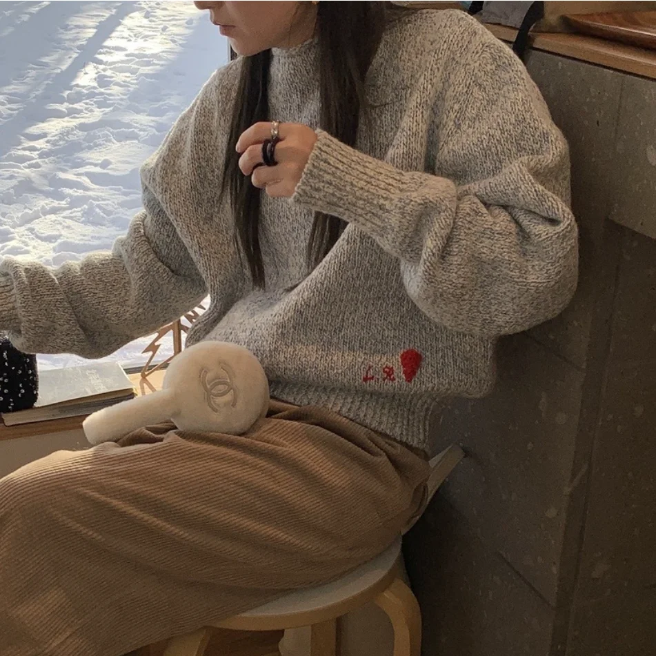 

Lerbe Meina round Ne Loose Knitted Sweater Embroidered Mixed Color Autumn Winter Women's Faion Commute Sle Long Sve Top