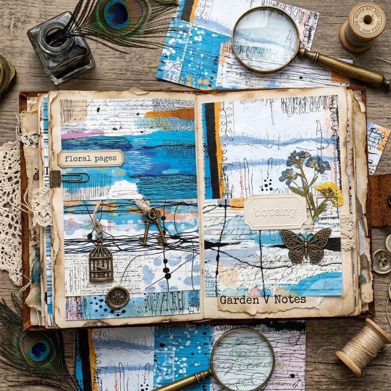 Abstract Blue Splash Ink Doodle Vintage Handwriting Collage Paper Scrapbook Journal Sheet DIY Craft Decorative Background Paper