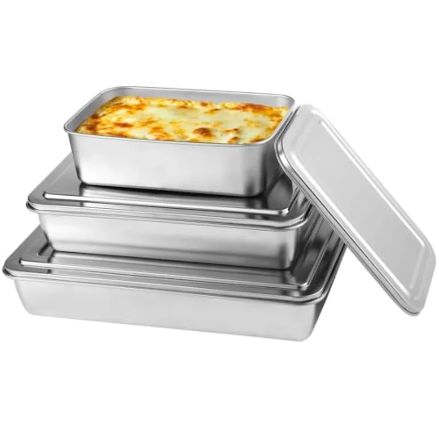 

3Piece Stainless Steel Baking Set With Lids NonStick Rectangular Cake Pans 3 Sizes For Bread Cake And More