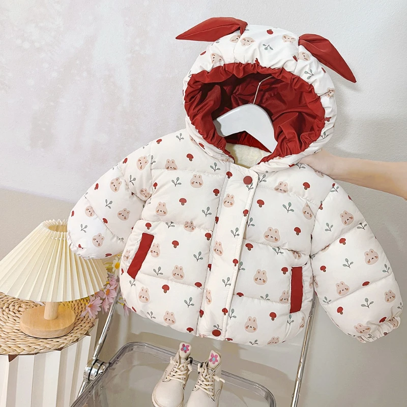 

2025 Winter New Cute Color blocked Mushroom Pattern Hooded Warm Cotton Jacket for Children