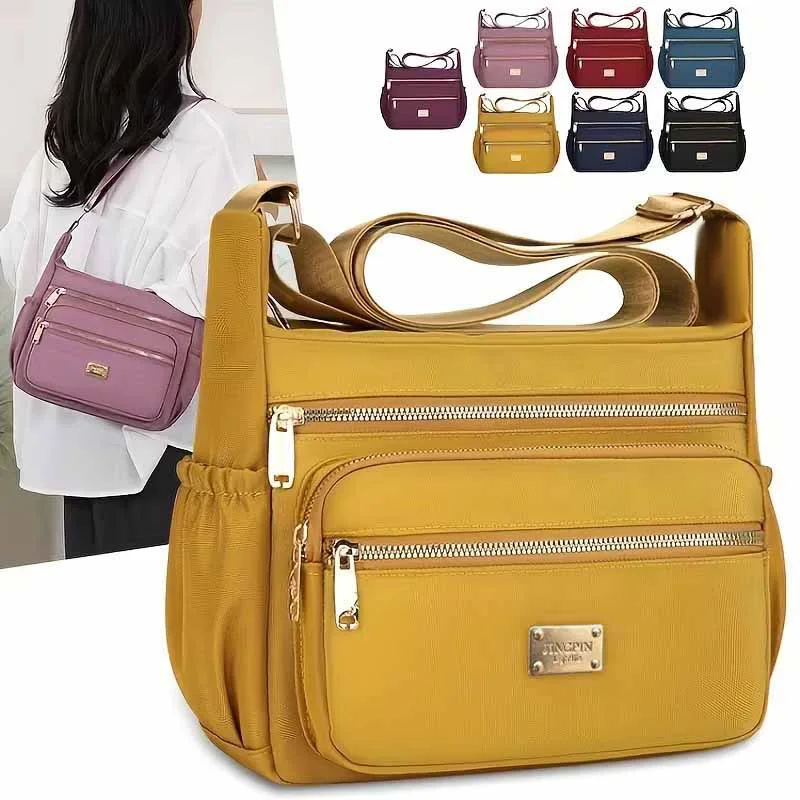 Adjustable Shoulder Strap Women Nylon Crossbody Bag Multi Zipper Pockets Lightweight Casual Handbag For Shopping Daily Travel